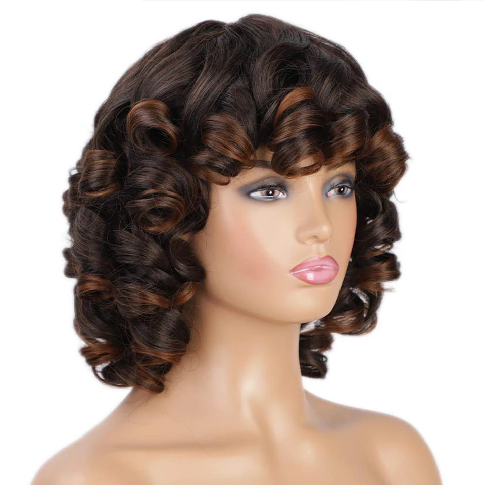 

Синтетические Короткие афро вьющиеся парики с челкой для чернокожих женщин, парики для косплея без клея с эффектом омбре, термостойкие