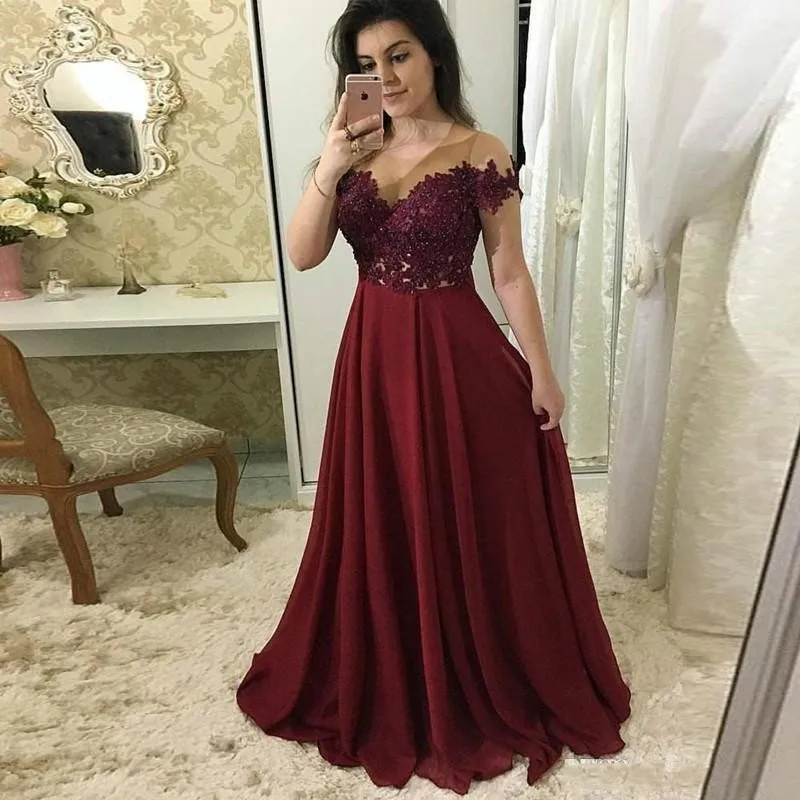 Burgundy Prom Dresses A Line Chiffon Prom Dresses Lace Appliques Illusion Womens Special Occasion Party Gowns Custom Made
Burgundy Prom Dresses A Line Chiffon Prom Dresses Lace Appliques Illusion Womens Special Occasion Party Gowns Custom Made