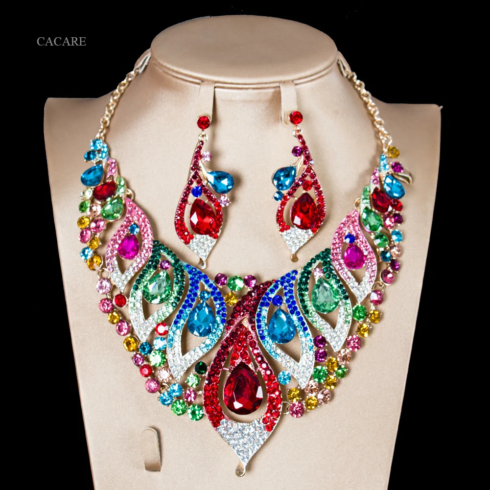 

Luxury Dubai Gold Jewelry Sets Women Big Necklace Earring Set Indian Jewellery F1124 Rhinestone Party Jewels 6 Colors CACARE