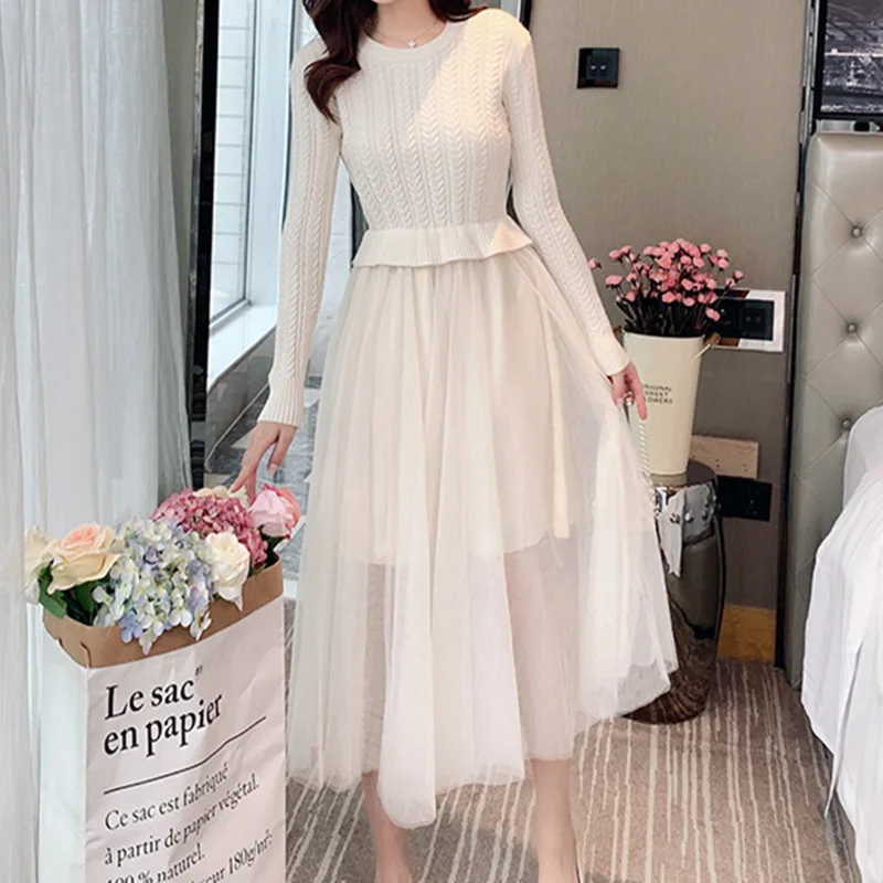 2021 Fashion Women's Winter Sweater Dress Solid O-Neck Patchwork Lace Long Sleeve Dresses White A-LINE Mid-Calf Vintage Clothes
2021 Fashion Women's Winter Sweater Dress Solid O-Neck Patchwork Lace Long Sleeve Dresses White A-LINE Mid-Calf Vintage Clothes