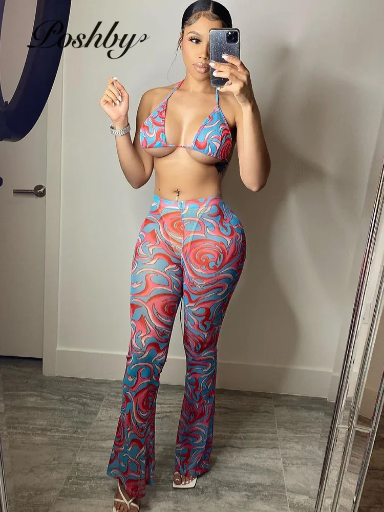 Poshby 2021 New Summer Mesh Printed Beach Suits Sexy Halter Bra+Bodycon Wide Leg Pants 2 Pcs Set Fashion Club Outfits For Women
Poshby 2021 New Summer Mesh Printed Beach Suits Sexy Halter Bra+Bodycon Wide Leg Pants 2 Pcs Set Fashion Club Outfits For Women