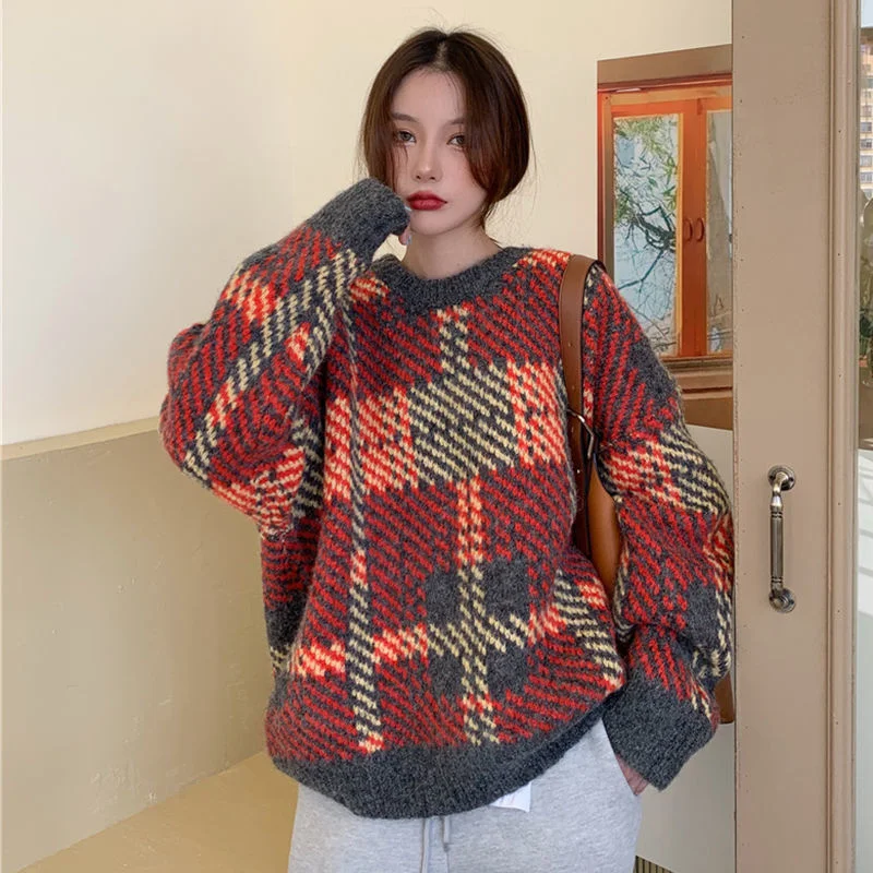 Vintage Women's Oversize Sweater Pullover Women Autumn 2021 Women's Clothing Korean Fashion Women's Sweater Casual Check Jumper 
Vintage Women's Oversize Sweater Pullover Women Autumn 2021 Women's Clothing Korean Fashion Women's Sweater Casual Check Jumper