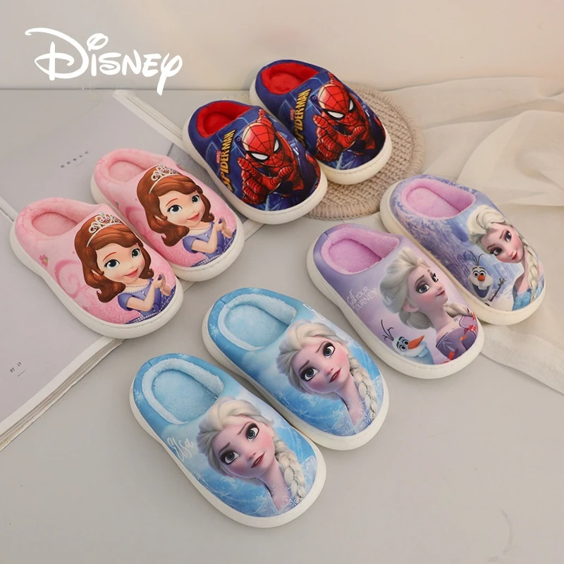 

Disney Frozen Elsa Princess Children's Slippers Winter Warm Parent-child Indoor Non-slip Spider-Man Cartoon Plush Platform Shoes