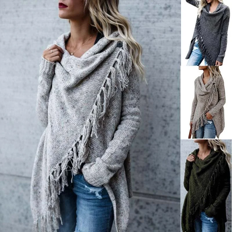 

Knitted Warm Sweater Winter Cardigans Long Sleeve Tassel Fringe Shawl Poncho Oversized Cardigan