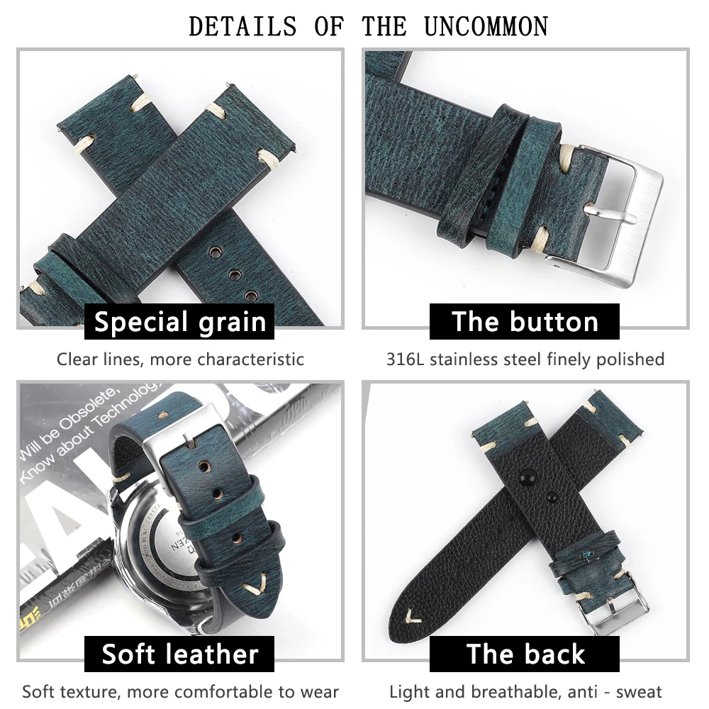 Ремешок кожаный для наручных часов винтажный браслет с эффектом потертости