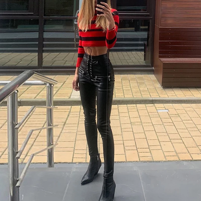 2022 Hot Sale Black Faux PU Leather Pencil Pants Lace Up High Waist Slim Skinny Streetwear Autumn Casual Trousers Women
2022 Hot Sale Black Faux PU Leather Pencil Pants Lace Up High Waist Slim Skinny Streetwear Autumn Casual Trousers Women