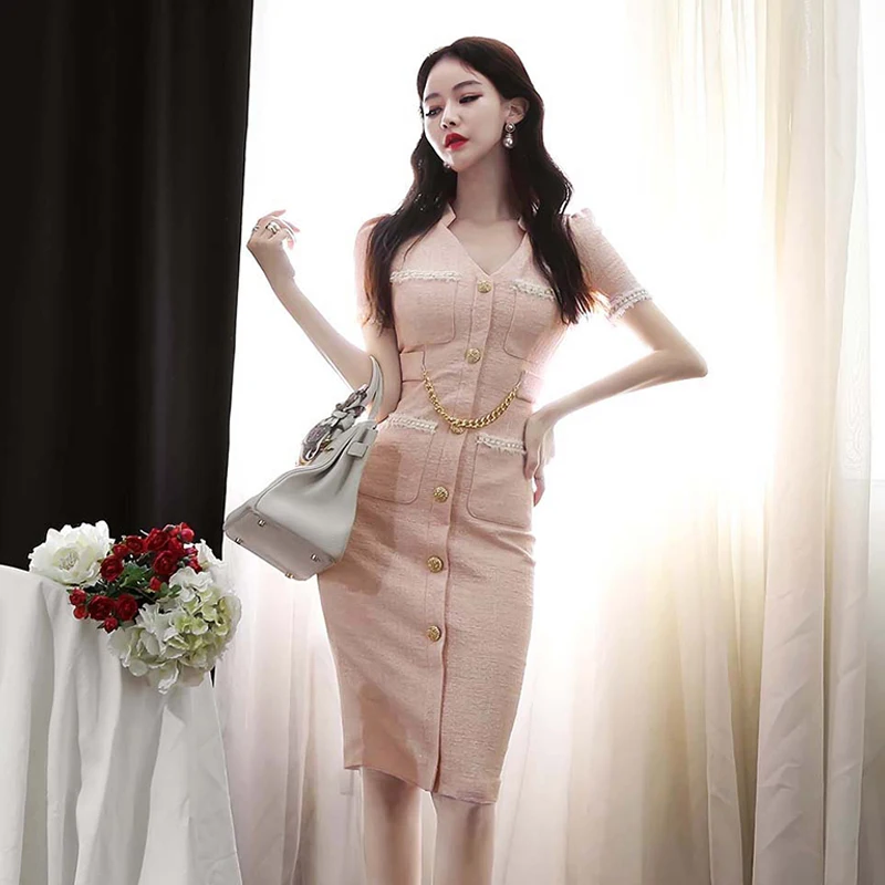 Summer Elegant Pencil Dress Women's V-Neck Sheath Bodycon Dresses Korean Single-Breasted Office Party Vestidos
Summer Elegant Pencil Dress Women's V-Neck Sheath Bodycon Dresses Korean Single-Breasted Office Party Vestidos