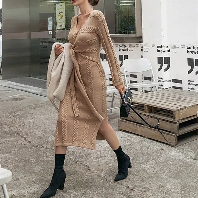 2021 Korean Autumn Winter Women V Neck Sweater Dress Elegant Solid Color Knitted Lace Up Bow Bodycon Split Long Dresses
2021 Korean Autumn Winter Women V Neck Sweater Dress Elegant Solid Color Knitted Lace Up Bow Bodycon Split Long Dresses