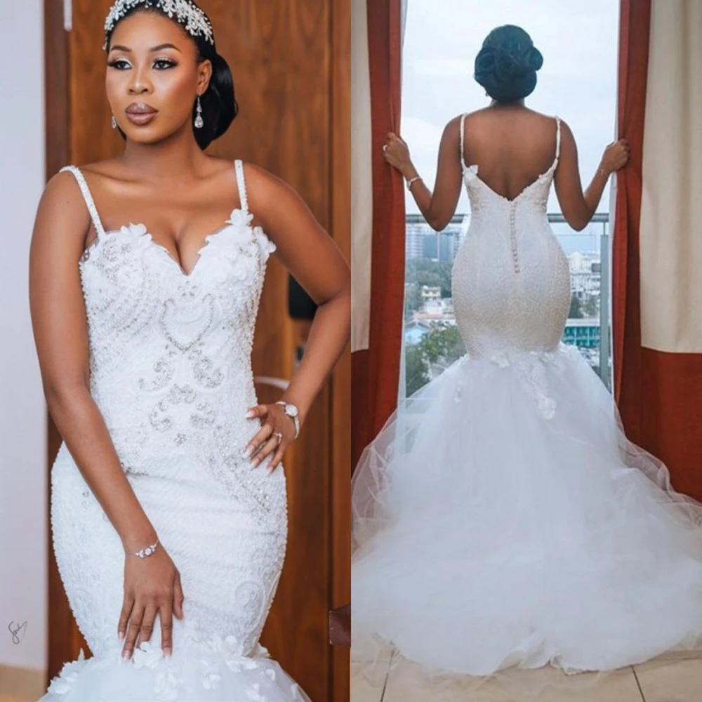 Luxury Spaghetti Mermaid Wedding Dresses Full Lace Applique Open Back PLus Size African Chapel Train Bridal Gowns
Luxury Spaghetti Mermaid Wedding Dresses Full Lace Applique Open Back PLus Size African Chapel Train Bridal Gowns