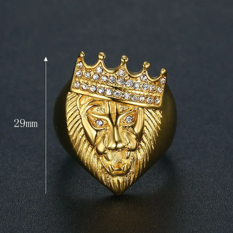 Hip Hop Iced Out Bling CZ Crown Lion Head Rings For Men Gold Color Stainless Steel Male Animal Ring Golden Jewelry Anillo
Hip Hop Iced Out Bling CZ Crown Lion Head Rings For Men Gold Color Stainless Steel Male Animal Ring Golden Jewelry Anillo