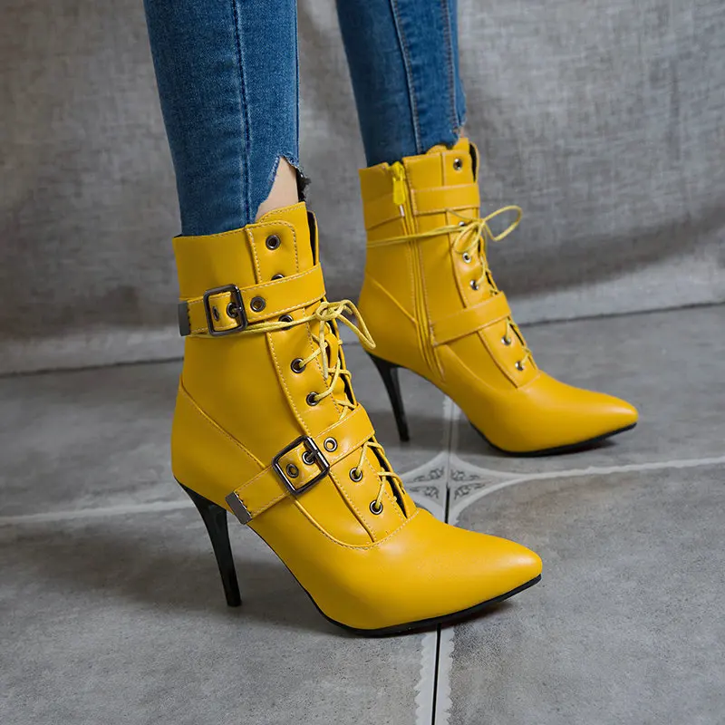 

Новые осенне-зимние женские ботинки на очень высоком каблуке, короткие сапоги, женские остроносые ботинки-мартинсы на шнуровке, кожаные сап...