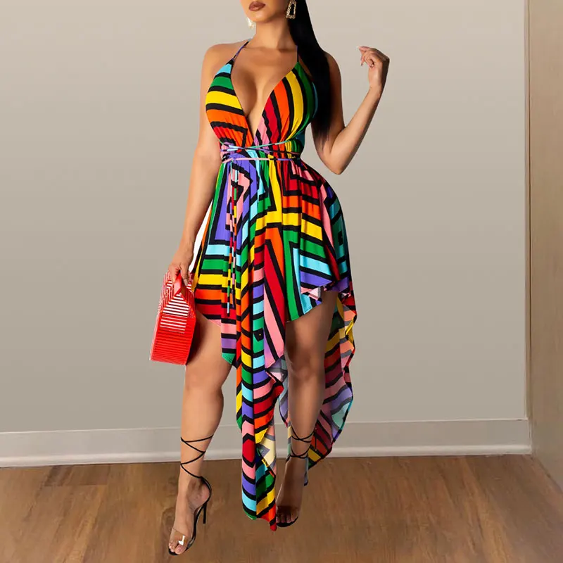 2021 Holiday Summer Women Casual Oversize Beach Wear Halter Sleeveless Low Cut V-Neck Backless Colorful Striped Irregular Dress
2021 Holiday Summer Women Casual Oversize Beach Wear Halter Sleeveless Low Cut V-Neck Backless Colorful Striped Irregular Dress