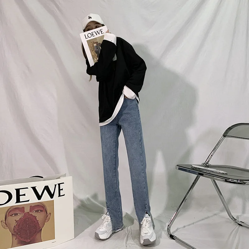 Женские прямые джинсы с завышенной талией, однотонные облегающие брюки с разрезом F ~ F, Осень-зима 2021 
Женские прямые джинсы с завышенной талией, однотонные облегающие брюки с разрезом F ~ F, Осень-зима 2021