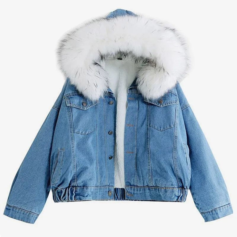 Fashion Women Faux Leather Thick Jean Jacket Female Fur Collar Denim Coat Fleece Hooded Warm Winter Outwear | Женская одежда