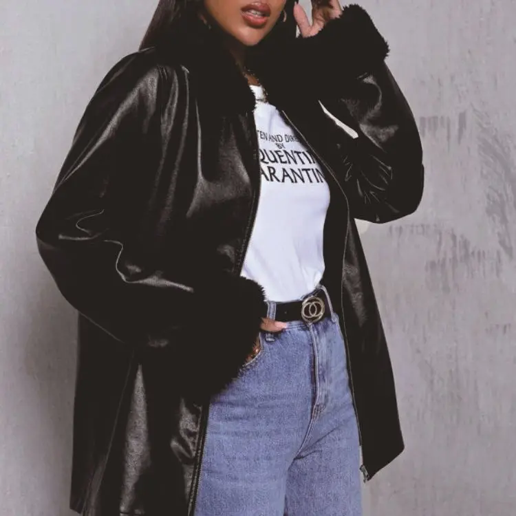 Long-sleeved fashion black coat jacket furry collar mid-length-sleeved leather women
Long-sleeved fashion black coat jacket furry collar mid-length-sleeved leather women
