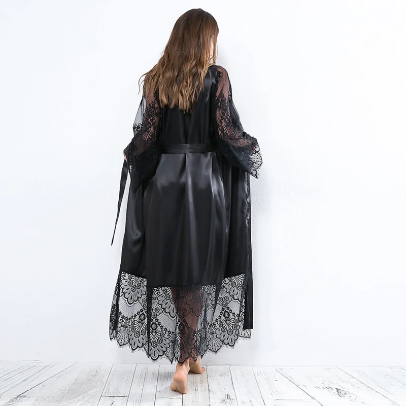 Women Clothes Sleepwear Ladies Sexy Ice Silk Solid Colors Long Robe Lace Embroidery Perspective Long Sleeve Long Robe S-2XL 
Women Clothes Sleepwear Ladies Sexy Ice Silk Solid Colors Long Robe Lace Embroidery Perspective Long Sleeve Long Robe S-2XL