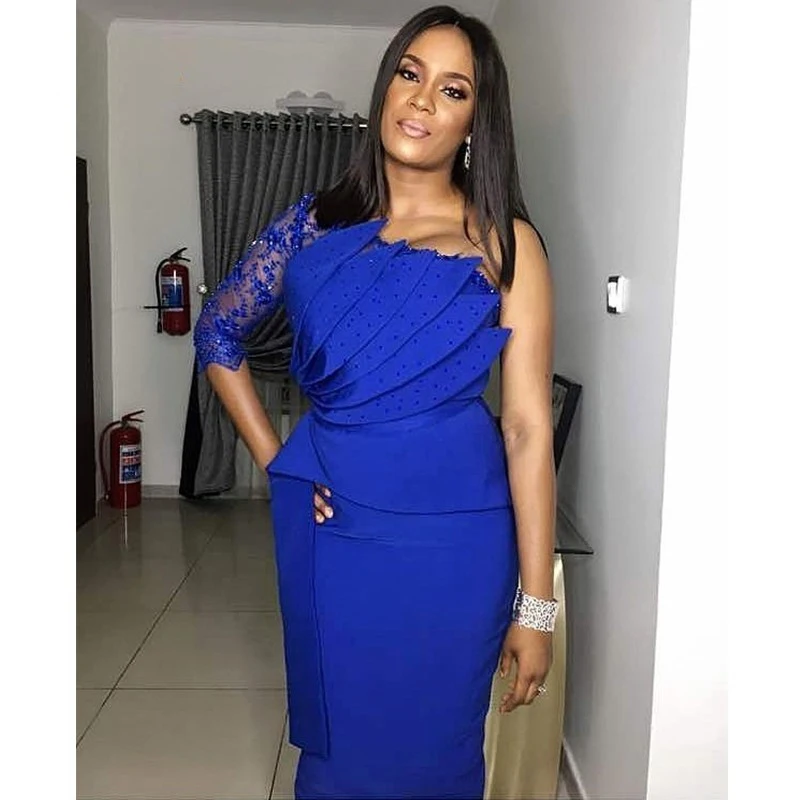 Vestidos de fiesta Royal Blue Sheath One Shoulder Half Sleeve Formal Dresses Pleats Beaded African Evening Dresses
Vestidos de fiesta Royal Blue Sheath One Shoulder Half Sleeve Formal Dresses Pleats Beaded African Evening Dresses