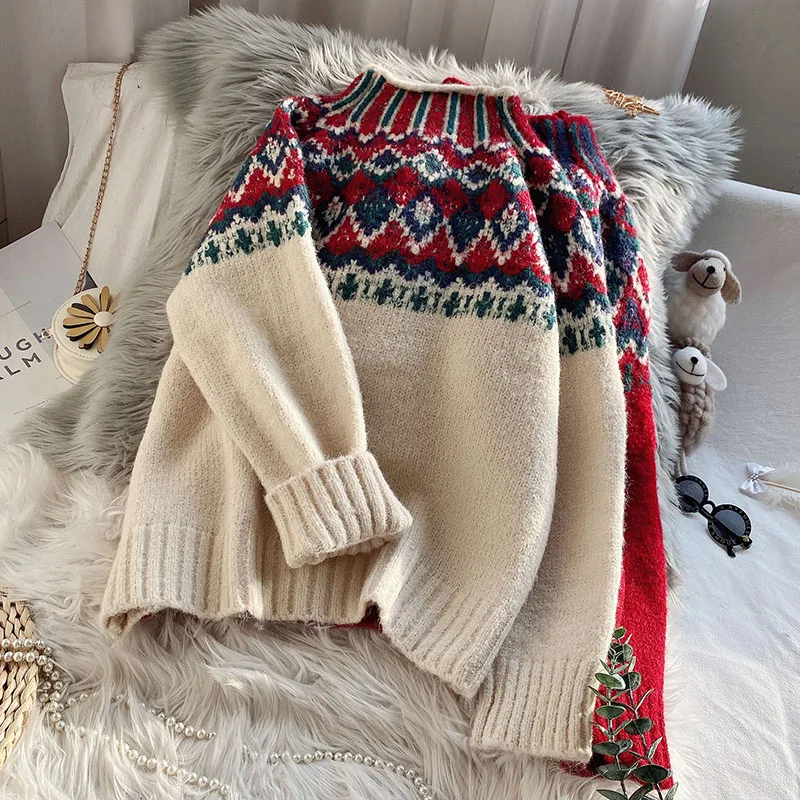 Plaid Knitted Women Sweater Pullovers O-Neck Thicken Warm Loose Vintage Style Female Pulls Outwear Coats Tops
Plaid Knitted Women Sweater Pullovers O-Neck Thicken Warm Loose Vintage Style Female Pulls Outwear Coats Tops