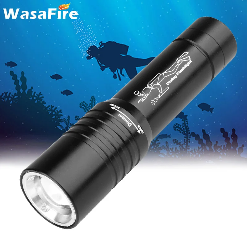 

Super Bright XML T6 Dive Torch Zoomable Diving Flashlight Waterproof Underwater Light Scuba Spearfishing Lantern 18650 Lamp