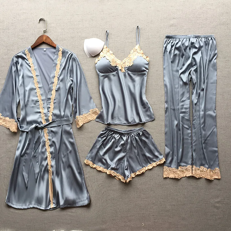 Ladies Sexy Silk Satin Pajama Set Lace Pijama Set 4 Pieces V-neck Pyjama Set Autumn Spring Sleepwear Set Fashion Home Wear Women
Ladies Sexy Silk Satin Pajama Set Lace Pijama Set 4 Pieces V-neck Pyjama Set Autumn Spring Sleepwear Set Fashion Home Wear Women