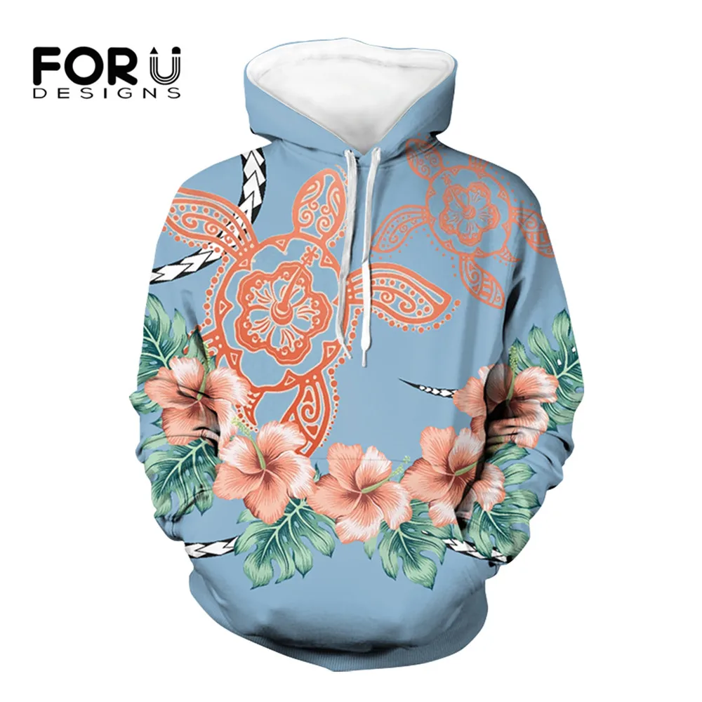 

FORUDESIGNS Loose Long Sleeve Pullover Hoodies for Ladies Hawaii Turtle Polynesian Tribal Hibiscus Print Women Sweatshirts Tops