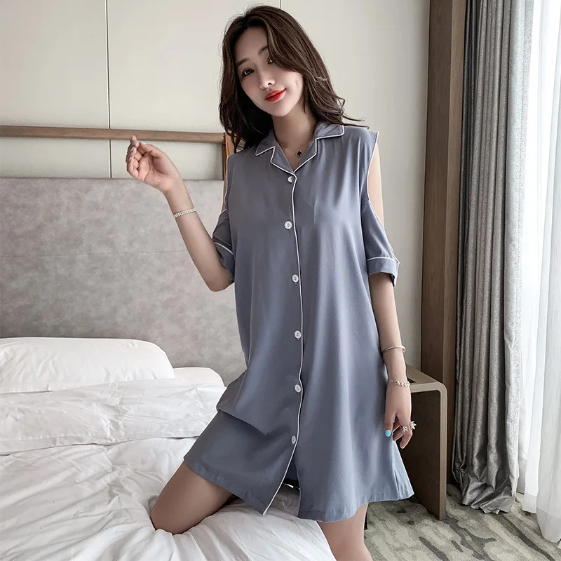 

Harajpee Women Pajama 2021 Summer French Sexy Sweet Alluring Style Thin Strapless Loose Solid Color Cardigan Ice Silk Nightdress