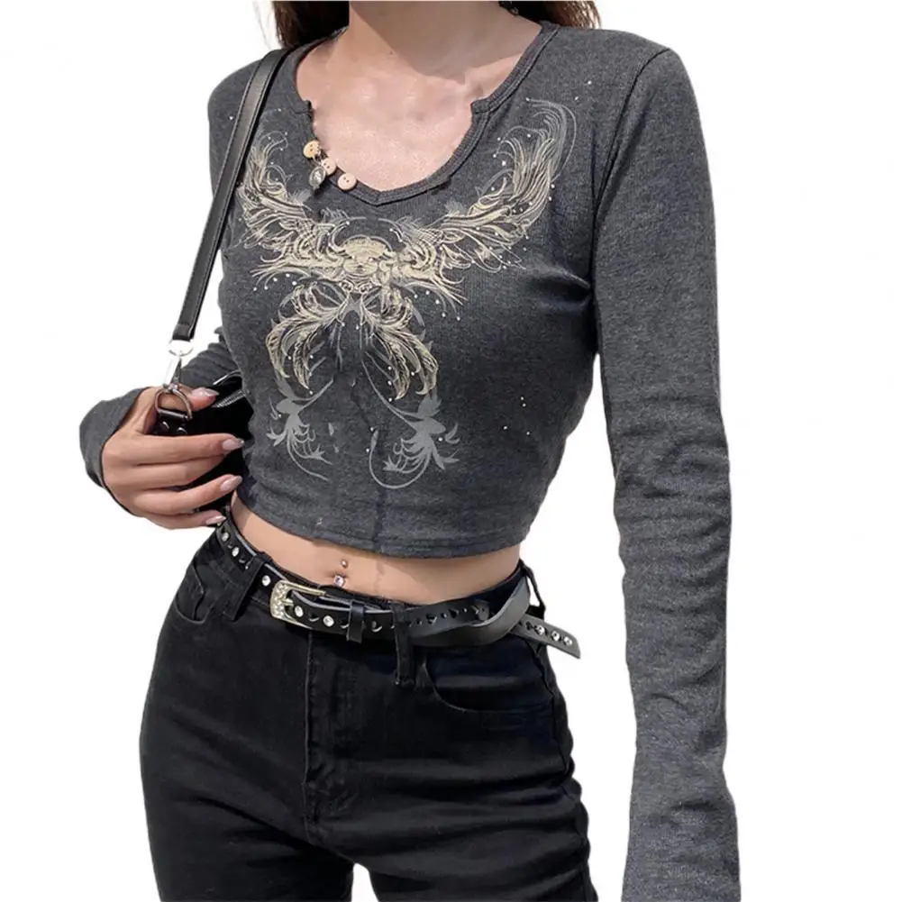 

Charming Women Top Easy Match Cotton Blend Graphic Printed V Neck Midriff T-shirt for Daily Retro Female Clothing