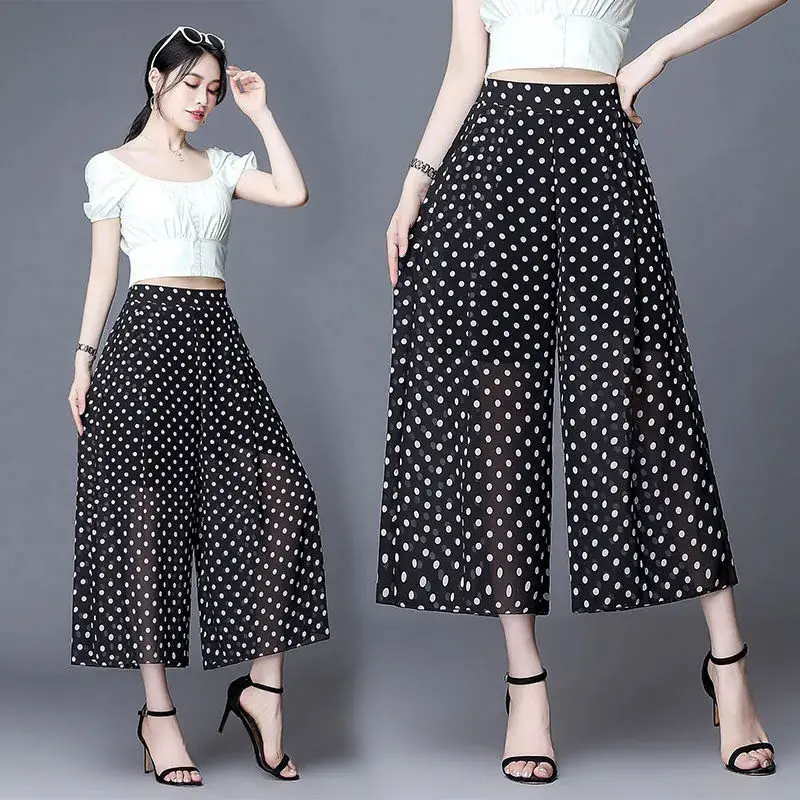 

Fashion Chiffon Polka Dots Nine Point Wide Leg Trousers Summer High Waisted Thin Section Drape Elegant Pants With Lining zh932