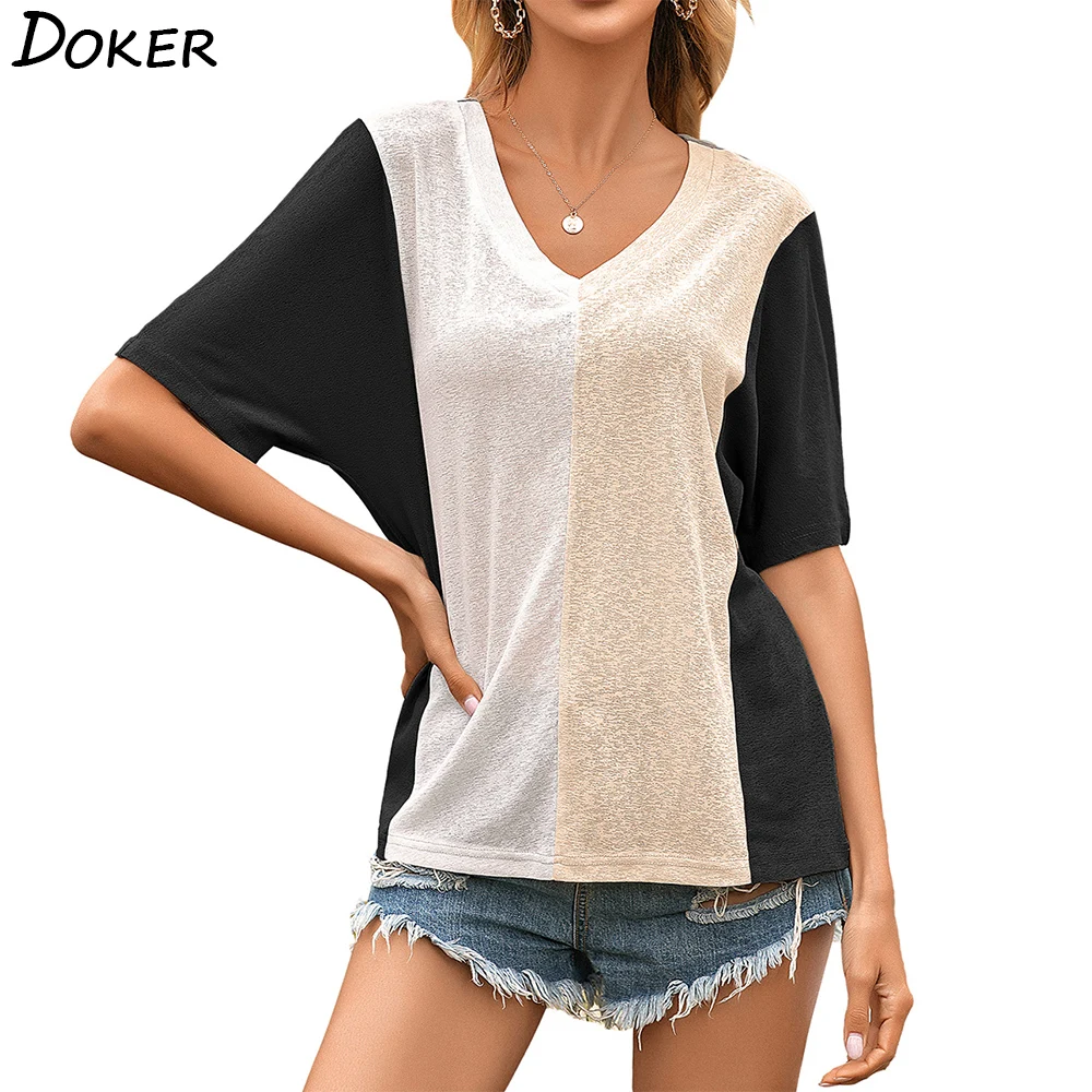 2021 Summer New V Neck Contrast Color Patchwork Short Sleeve Women T Shirt Casual Loose Plus Size Tops Female Streetwear
2021 Summer New V Neck Contrast Color Patchwork Short Sleeve Women T Shirt Casual Loose Plus Size Tops Female Streetwear