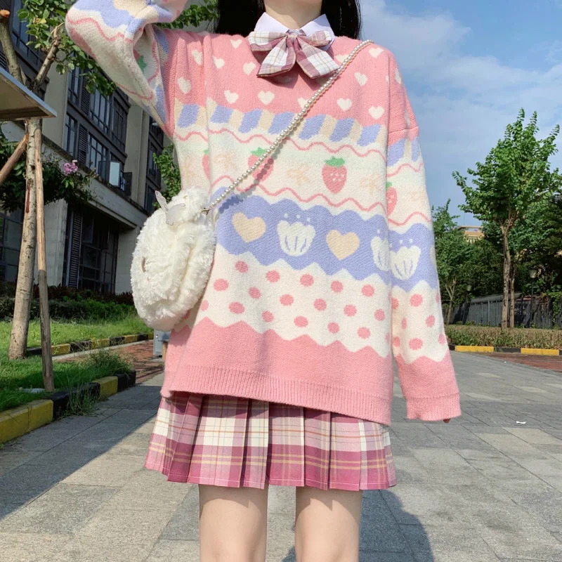Japanese Kawaii Knitting Sweater Women Cute Strawberry Printing Long Sleeve Pullover New Autumn Winter Vintage Pink Knitting Top
Japanese Kawaii Knitting Sweater Women Cute Strawberry Printing Long Sleeve Pullover New Autumn Winter Vintage Pink Knitting Top