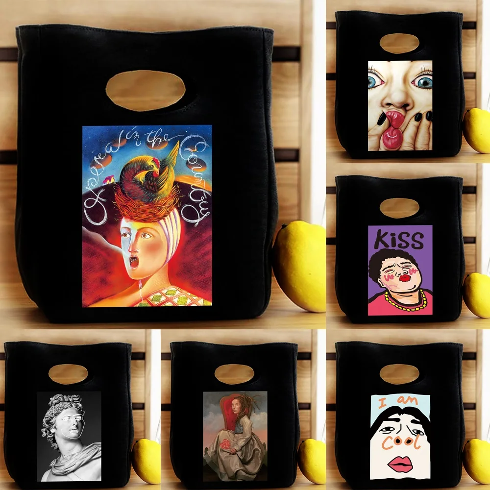 Portable Women's Lunch Bag Black Lunchbox Thermal Bento Pouch Funny Printed Series Food Storage Magnet Buckle Handbag Tote Bags 
Portable Women's Lunch Bag Black Lunchbox Thermal Bento Pouch Funny Printed Series Food Storage Magnet Buckle Handbag Tote Bags