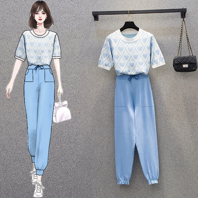 2021 New 2 Piece Sets Womens Knit Outfits Love Heart Short Sleeve O-neck Tops + Lace Up Waist Ankle Harem Pants Two Piece Set
2021 New 2 Piece Sets Womens Knit Outfits Love Heart Short Sleeve O-neck Tops + Lace Up Waist Ankle Harem Pants Two Piece Set