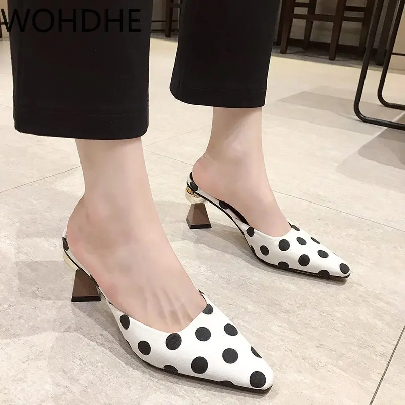 

2021 Polka Dot Pointed Toe Women Slippers Black White Satin Mules Shoes Women Strange High Heels Lady Female Slip on Shoes