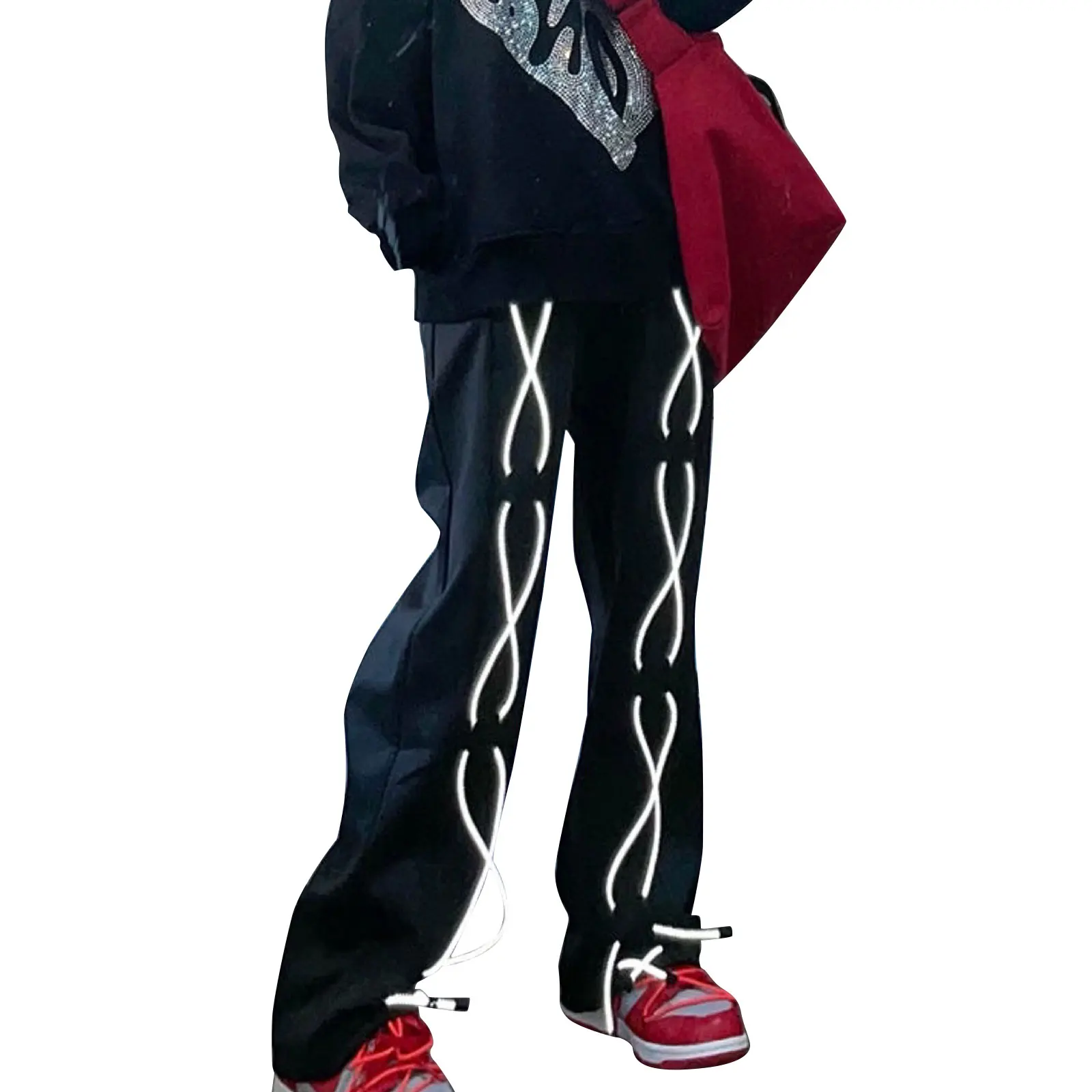 Свободные стильные брюки унисекс со светоотражающими полосками, черные прямые брюки с завязками, M/ L/ XL
Свободные стильные брюки унисекс со светоотражающими полосками, черные прямые брюки с завязками, M/ L/ XL