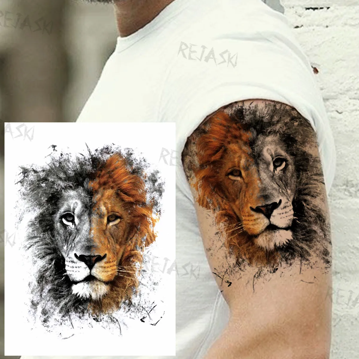 

Multicolored Lion Head Arm Fake Tattoo Sticker For Men Adult Geometric Flower Butterfly Temporary Tattoos Water Transfer Tatoos