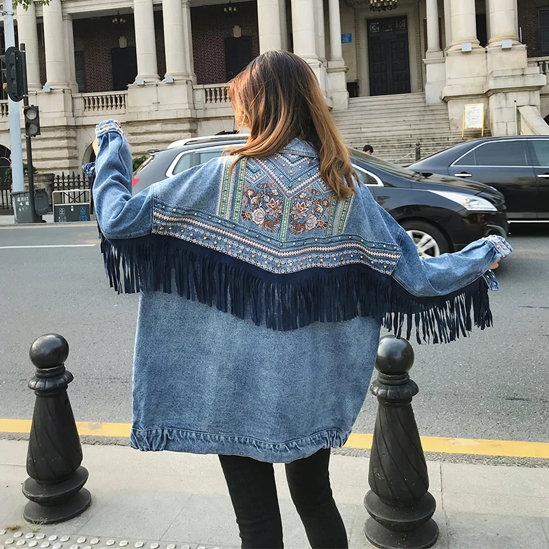 Korean loose tassel long-sleeved denim jacket female new embroidery flower jean cardigan tops fashion
Korean loose tassel long-sleeved denim jacket female new embroidery flower jean cardigan tops fashion