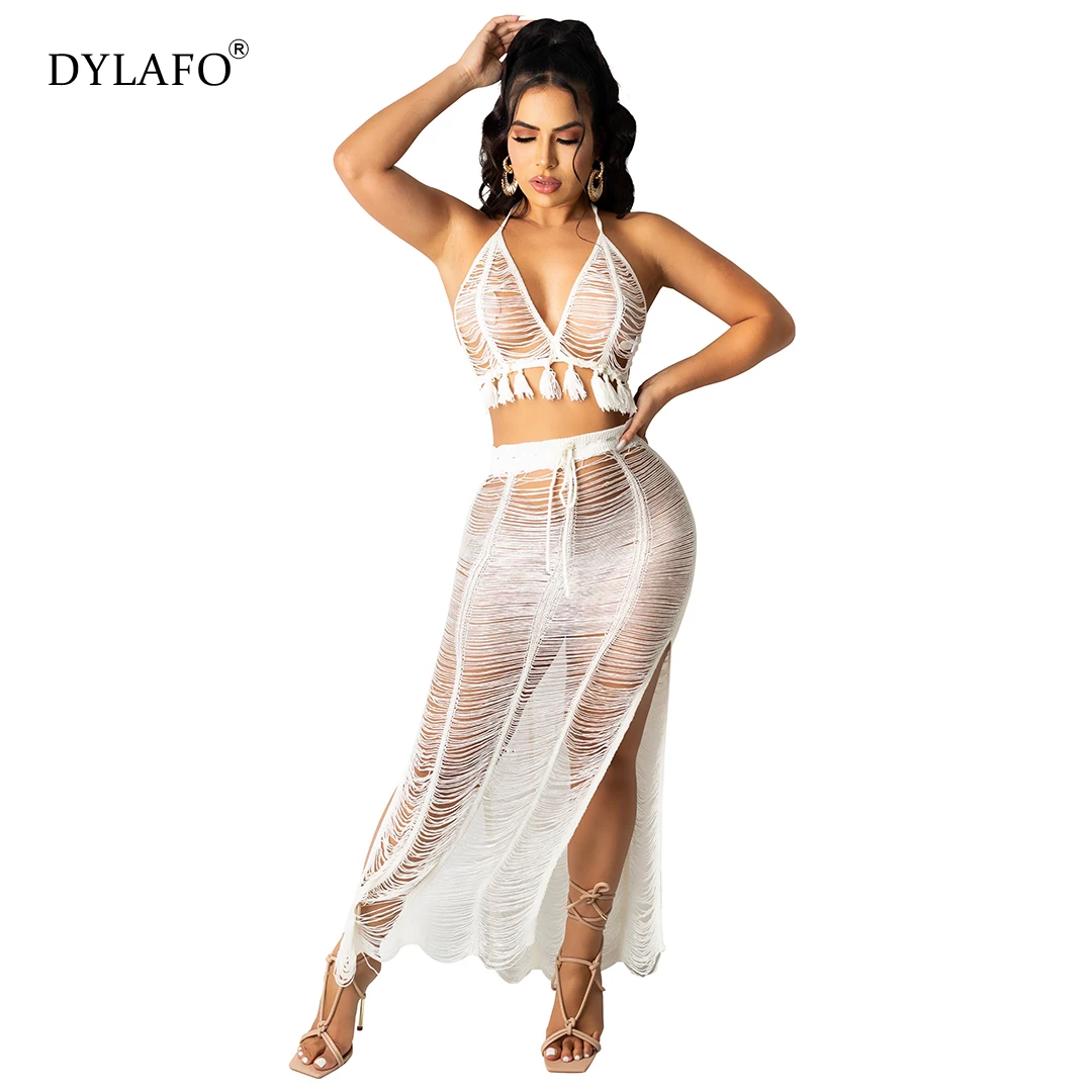 2021 Women Sexy See Through Tassel Knitted Beach Dress Two Piece Set Lace Up Bra Top +High Split Maxi Skirt Vocation Suit
2021 Women Sexy See Through Tassel Knitted Beach Dress Two Piece Set Lace Up Bra Top +High Split Maxi Skirt Vocation Suit
