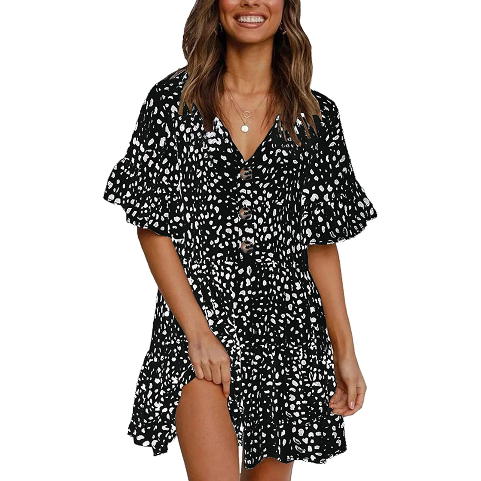 Womens Casual Ruffles Loose Dresses Short Sleeve Summer Fashion Spots Printing Button A-line Short Dress V-neck Elegant Vestdos
Womens Casual Ruffles Loose Dresses Short Sleeve Summer Fashion Spots Printing Button A-line Short Dress V-neck Elegant Vestdos