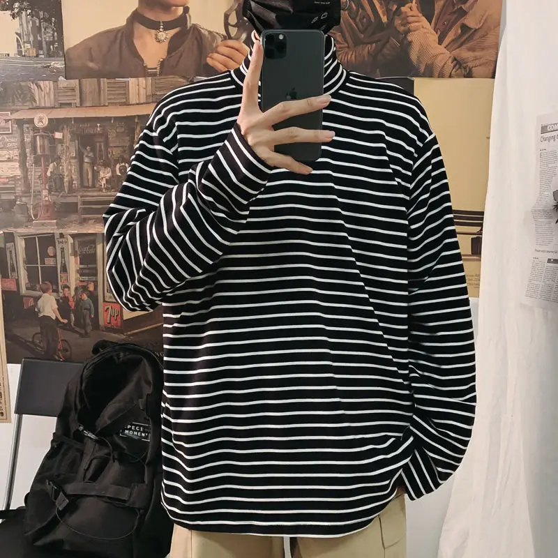 Autumn High Neck T Shirt Men's Fashion Casual Cotton Striped T-shirt Men Streetwear Loose Korean Long-sleeved Tshirt Mens Tops
Autumn High Neck T Shirt Men's Fashion Casual Cotton Striped T-shirt Men Streetwear Loose Korean Long-sleeved Tshirt Mens Tops