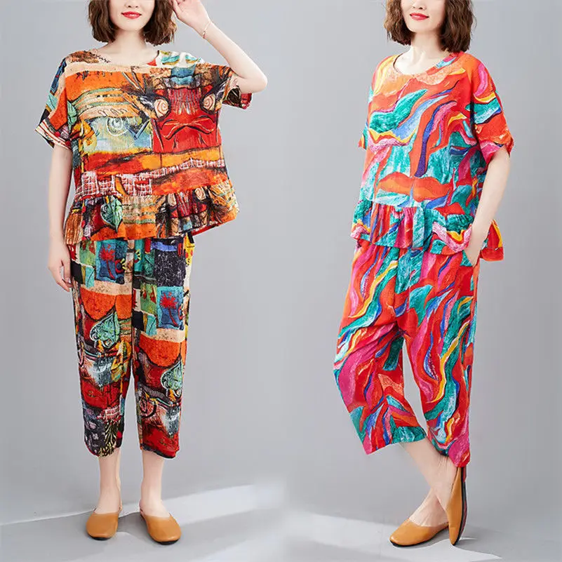 New 2 Piece Set Outfits for Middle-aged Women Loose Printed Top and Calf-length Pants Suits Plus Size 2021 Summer Tracksuit L526
New 2 Piece Set Outfits for Middle-aged Women Loose Printed Top and Calf-length Pants Suits Plus Size 2021 Summer Tracksuit L526