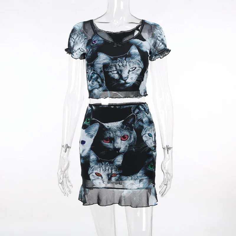 Women's Sets Dark Gauze Cat Print Skirt + T-shirt Female Summer Fanshion Harajuku New Suit Buttock Skirt Female Cyber Y2k Skirt
Women's Sets Dark Gauze Cat Print Skirt + T-shirt Female Summer Fanshion Harajuku New Suit Buttock Skirt Female Cyber Y2k Skirt