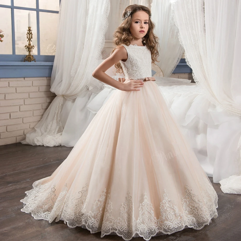 

Fancy Champagne Flower Girl Dress Long Sequin Girls Dresses Tulle Ball Gowns Kids First Holy Communion Dresses For Christmas