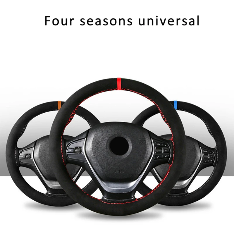 

Black Suede Leather Car Steering Wheel Covers 35-37cm 14.6inch Universal Anti-Slip Wheel Covers for Car Accessories