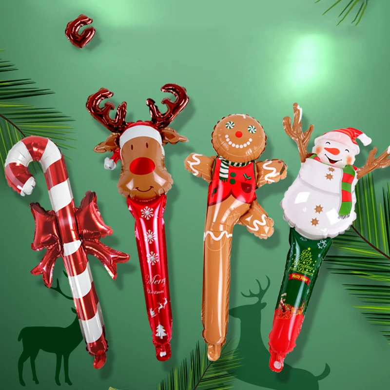 

24 Inch Christmas Inflatable Stick Cane Candy Elk Head Gingerbread Man Snowman Holding Balloon Party Decoration Girl Balloon
