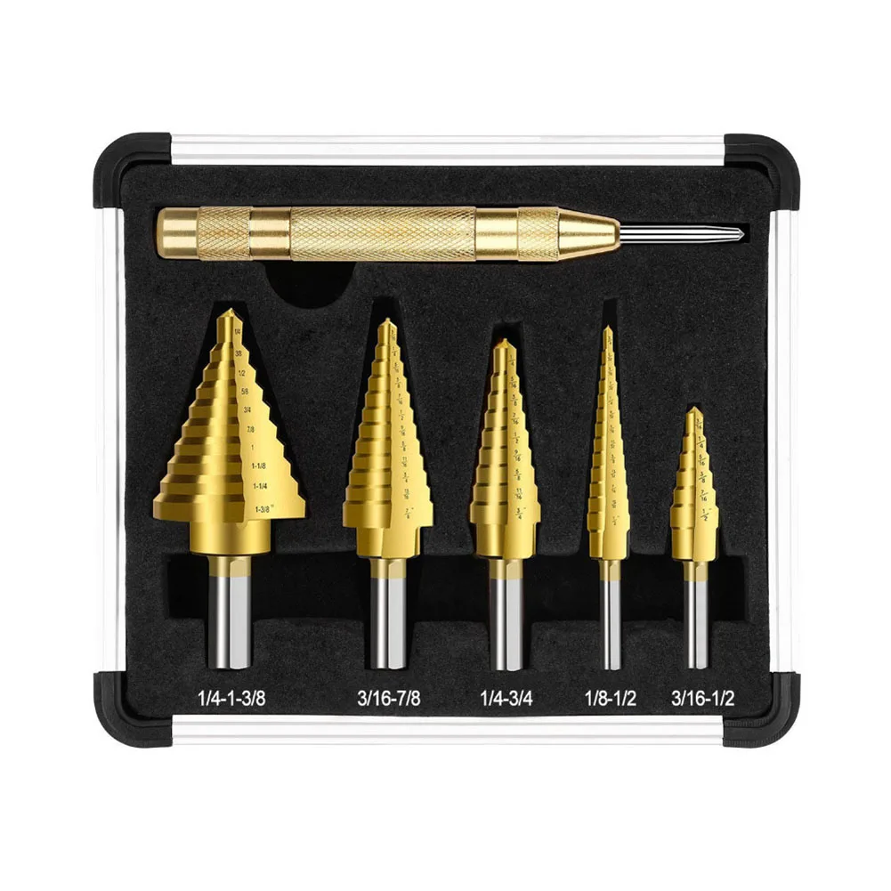 6pcs HSS Titanium High Speed Steel Cobalt Step Drill HSS Titanium Coated Step Drill Bit Set Center Punch For Metal Hole Drilling
6pcs HSS Titanium High Speed Steel Cobalt Step Drill HSS Titanium Coated Step Drill Bit Set Center Punch For Metal Hole Drilling