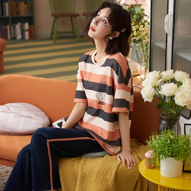 Women Fashion Stripe Cartoon Cute Sleepwear New Spring Summer Women's Pajamas Set Long Pants Short Sleeved Woman Cotton Homewear
Women Fashion Stripe Cartoon Cute Sleepwear New Spring Summer Women's Pajamas Set Long Pants Short Sleeved Woman Cotton Homewear