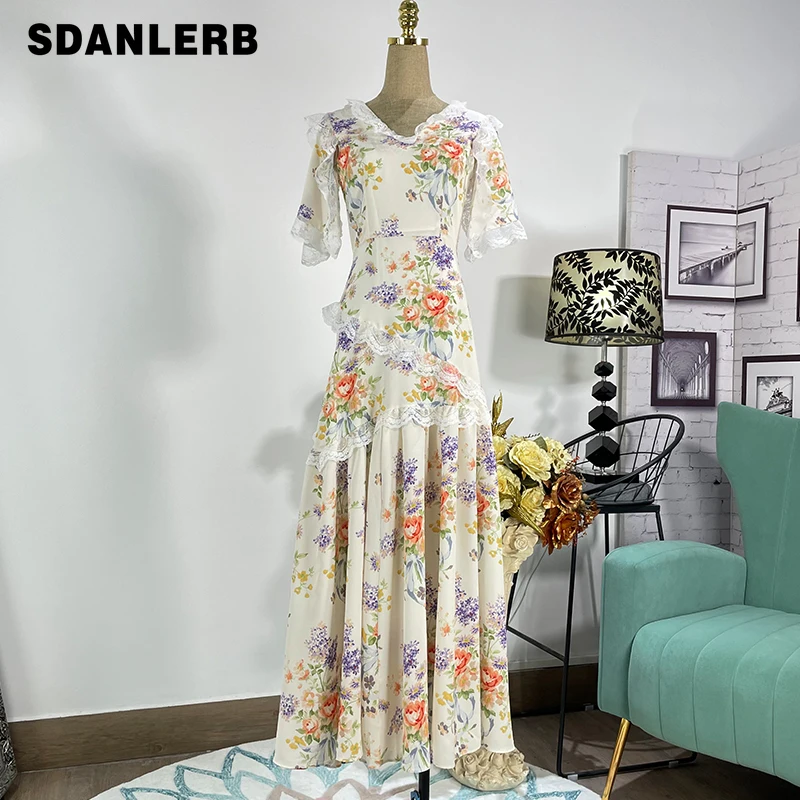 Women's Retro Elegant Summer Lace Patchwork V-neck Maxi Dress Print New Vestidos Mujer Vintage Short Sleeve Clothing Long Dress 
Women's Retro Elegant Summer Lace Patchwork V-neck Maxi Dress Print New Vestidos Mujer Vintage Short Sleeve Clothing Long Dress