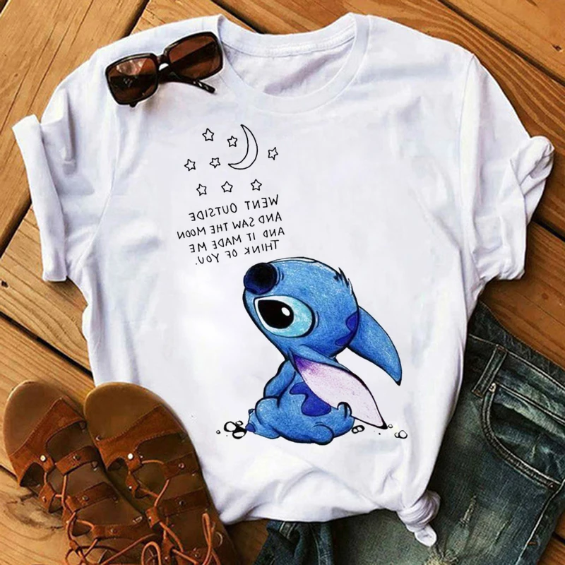 Kawaii Disney Cartoon Lilo Stitch T Shirt Men Funny Ohana Graphic Tees Unisex Tops Anime Harajuku Grunge T-shirt Male | Мужская одежда