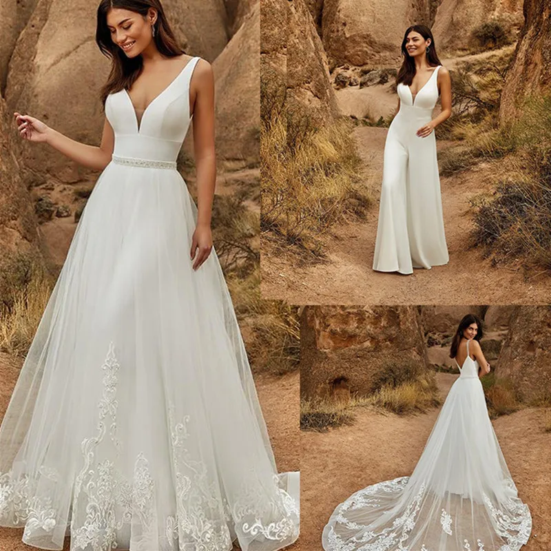 Boho Simple V-Neck Wedding Dress 2021 Detachable Floor-Length Sleeveless Backless Satin Bridal Gown Vestido De Novia Custom Made
Boho Simple V-Neck Wedding Dress 2021 Detachable Floor-Length Sleeveless Backless Satin Bridal Gown Vestido De Novia Custom Made