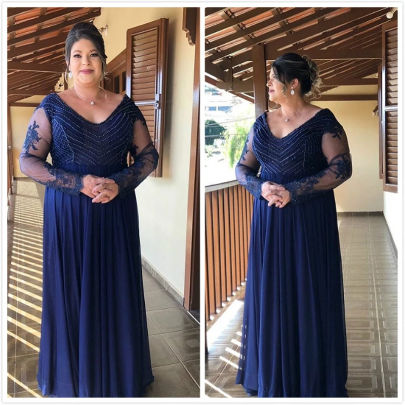 Plus Size Mother of the Bride Dress Long Sleeve Beadings Dark Navy Blue Floor Length Evening Prom Wedding Party Gown
Plus Size Mother of the Bride Dress Long Sleeve Beadings Dark Navy Blue Floor Length Evening Prom Wedding Party Gown